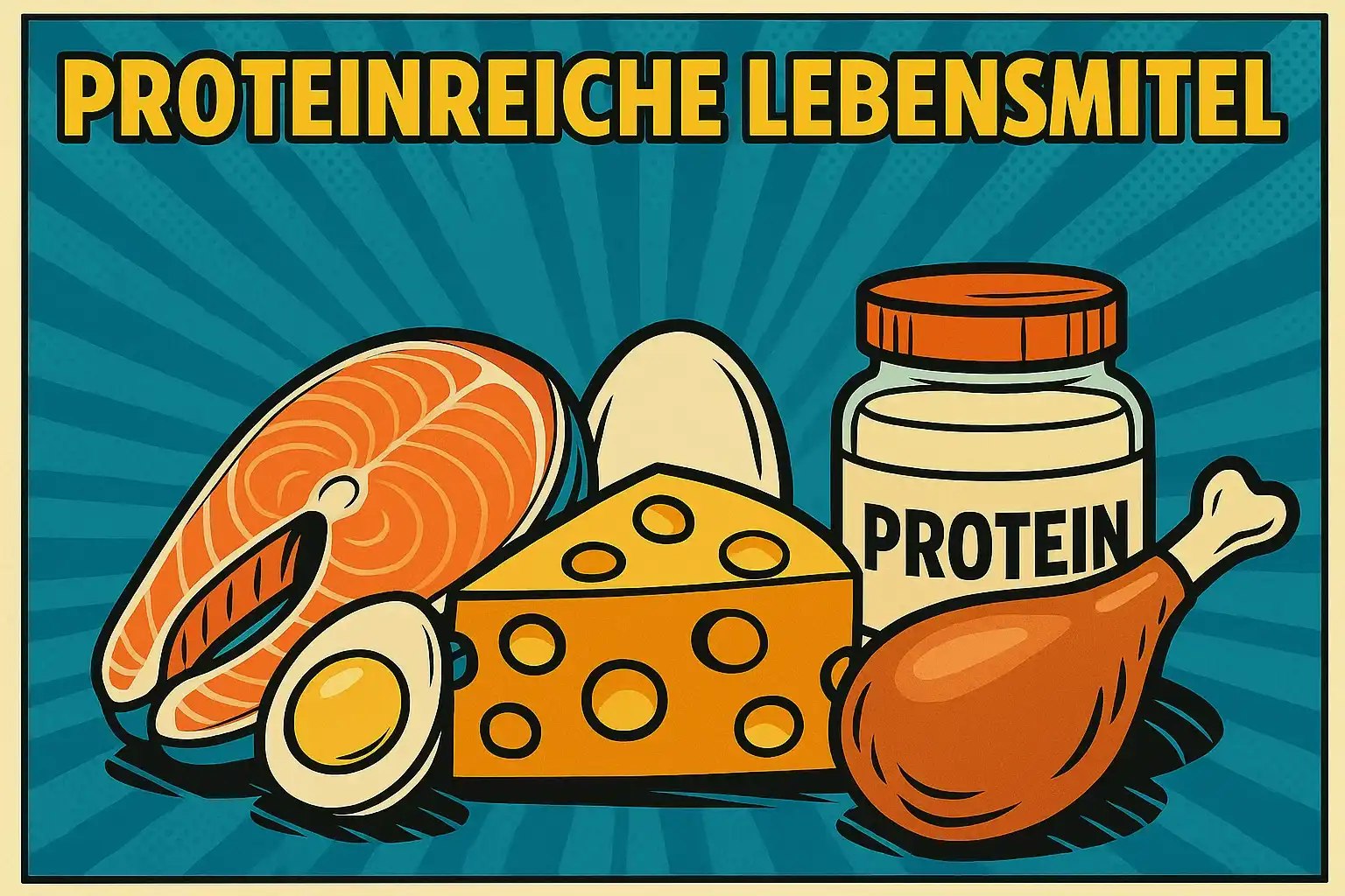 Zeichnung mehrerer proteinreicher Lebensmittel.