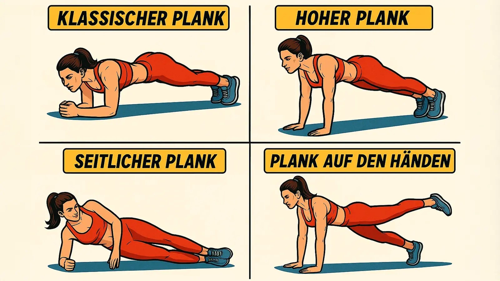 Zeichnung verschiedener Varianten der Plank Übung.