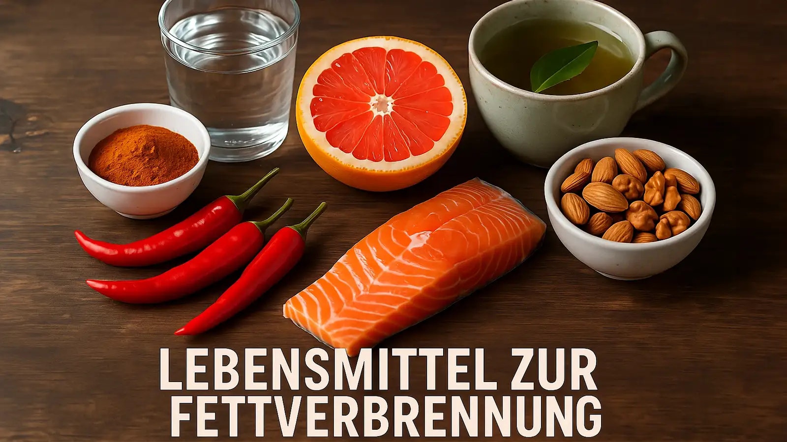 Bild von mehreren Lebensmitteln auf einem Holztisch.