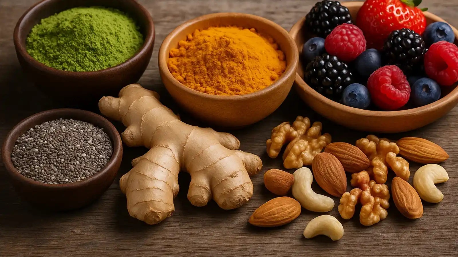 Mehrere Superfoods auf einem Holztisch.