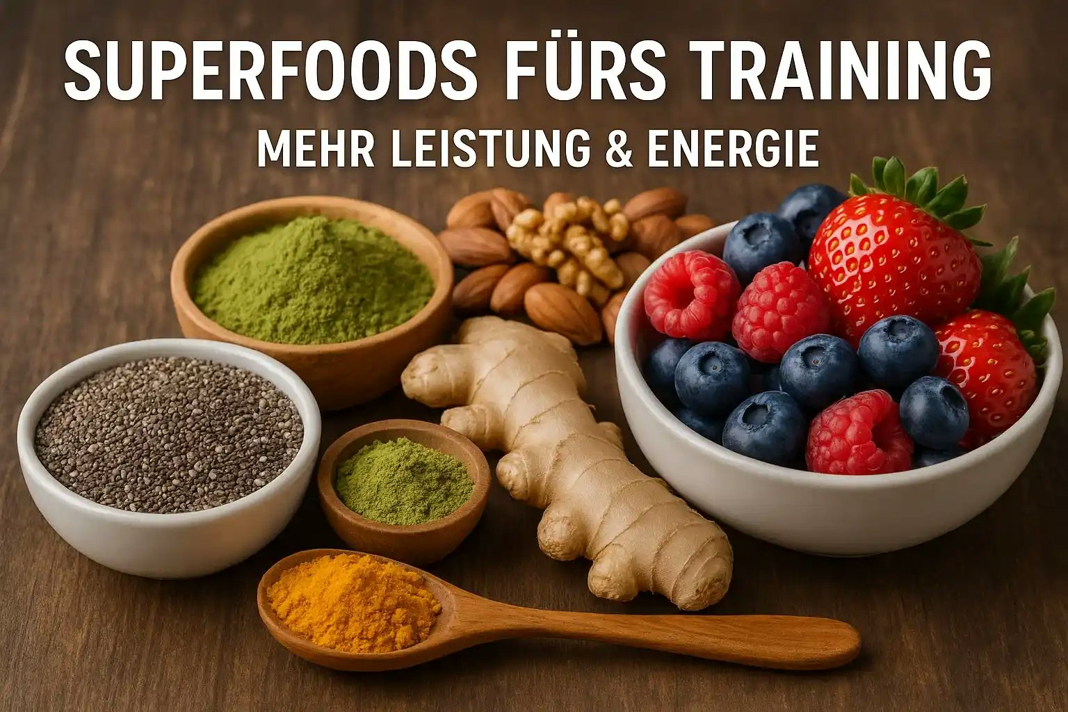 Mehrere Superfoods auf einem Holztisch.