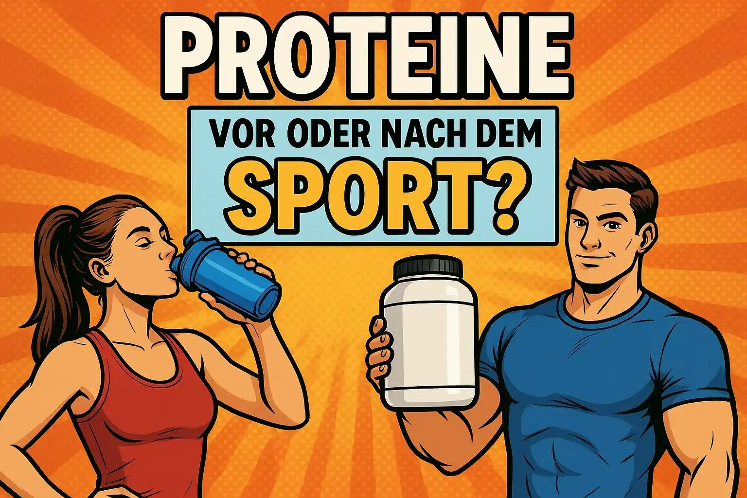 Zwei muskulöse Personen mit Proteinen in der Hand.