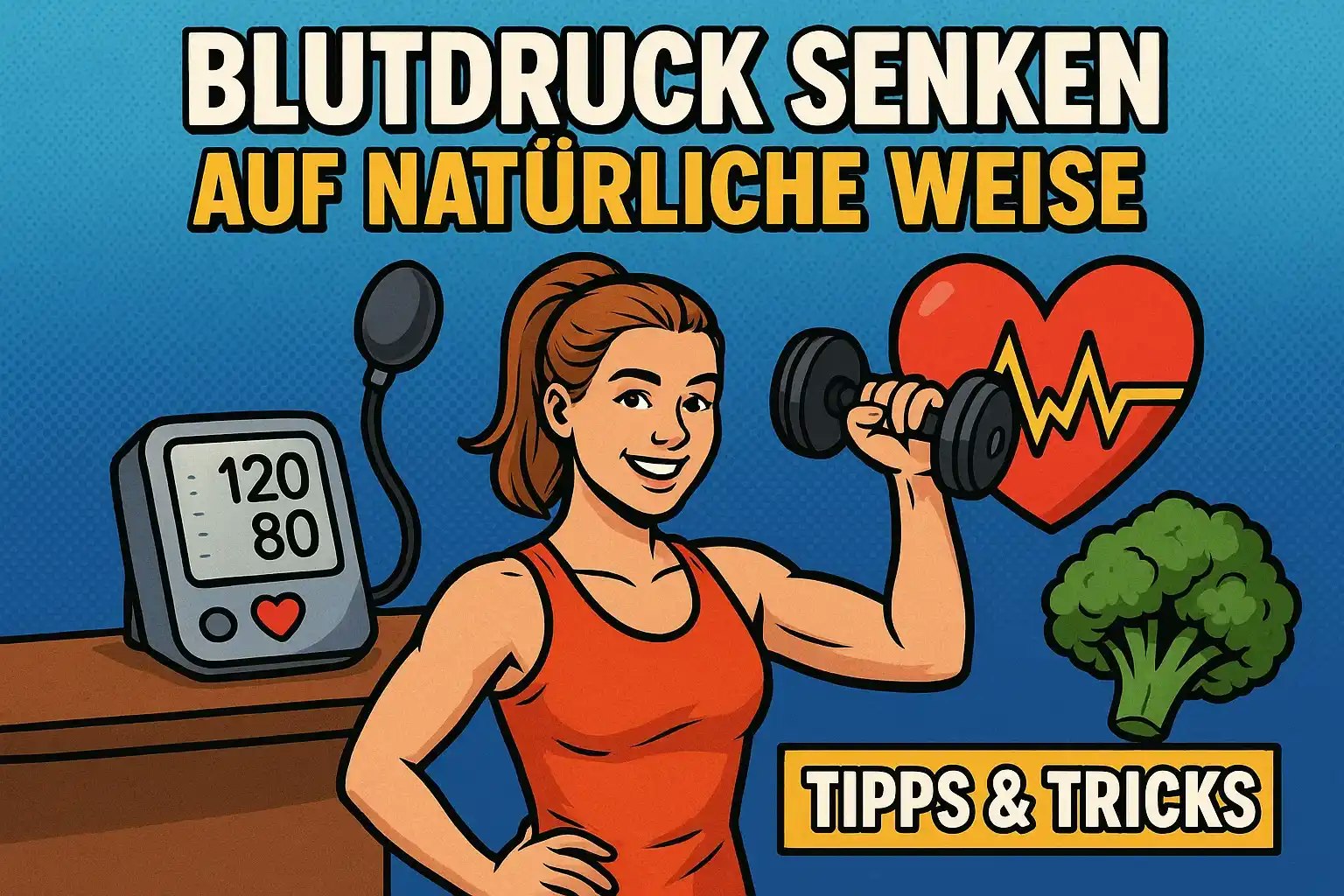 Zeichnung einer Frau beim Sport neben einem Messgerät für den Blutdruck.