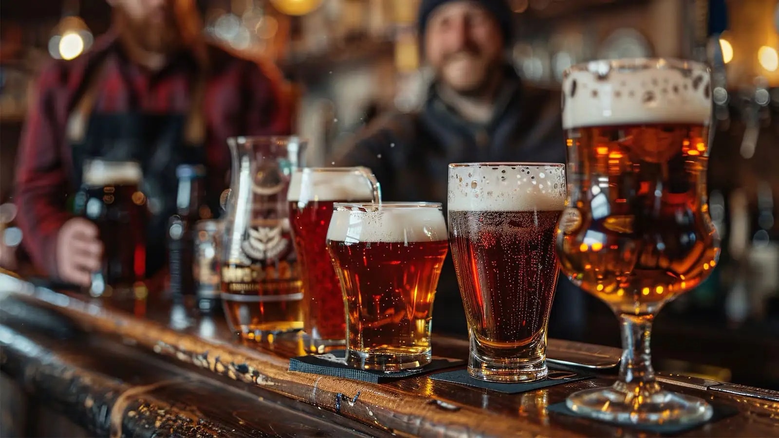 Bild von mehreren Gläsern mit Bier in einer Bar.