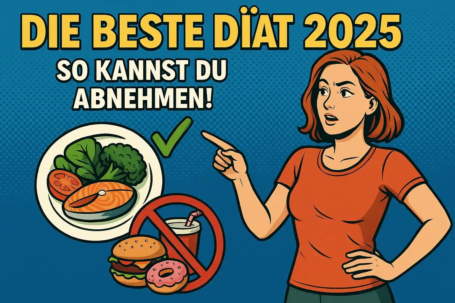 Die beste Diät 2025 - Bild einer Frau, die auf Lebensmittel zeigt.