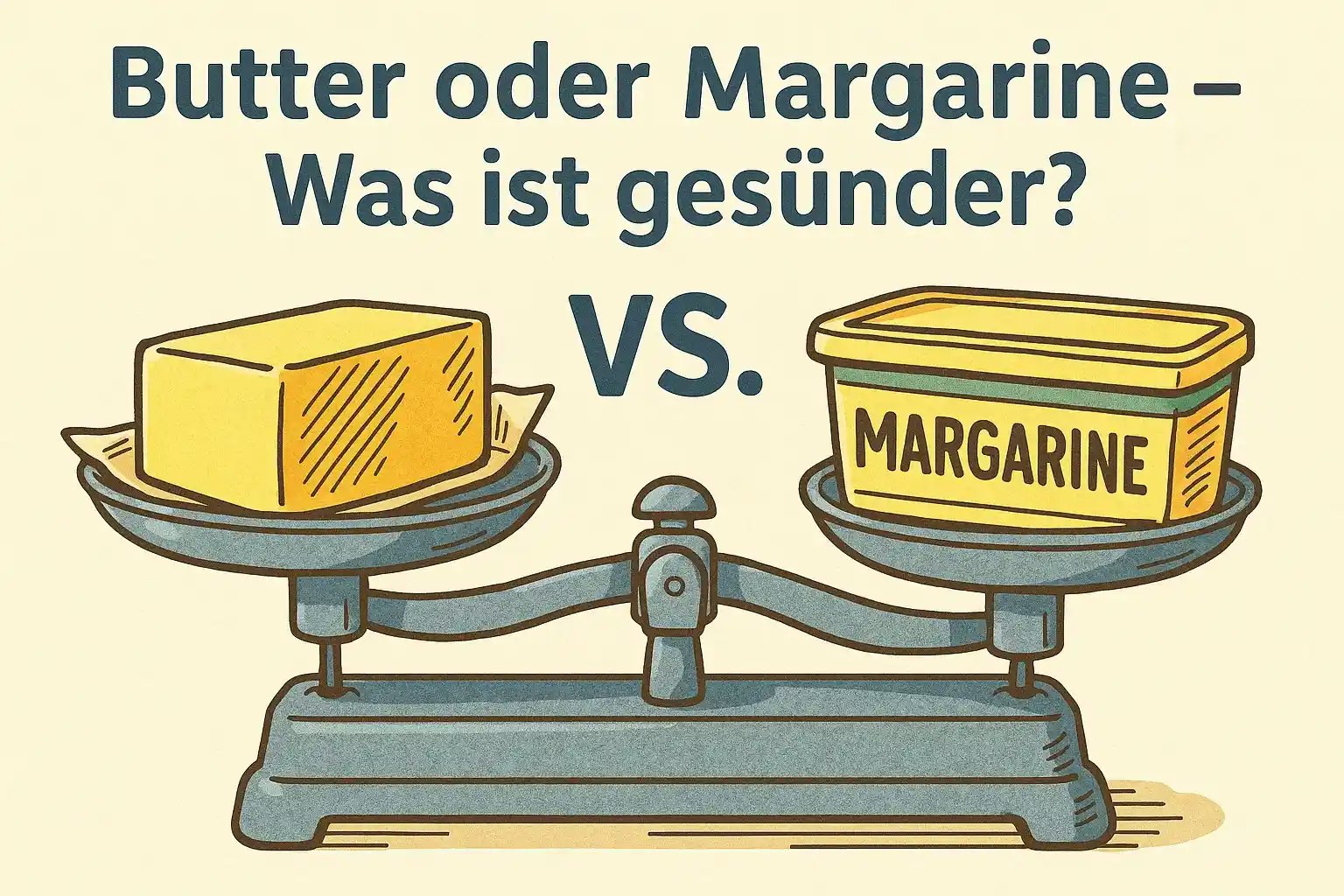 Zeichnung von einer Waage, auf der sich Butter und Margarine befinden.