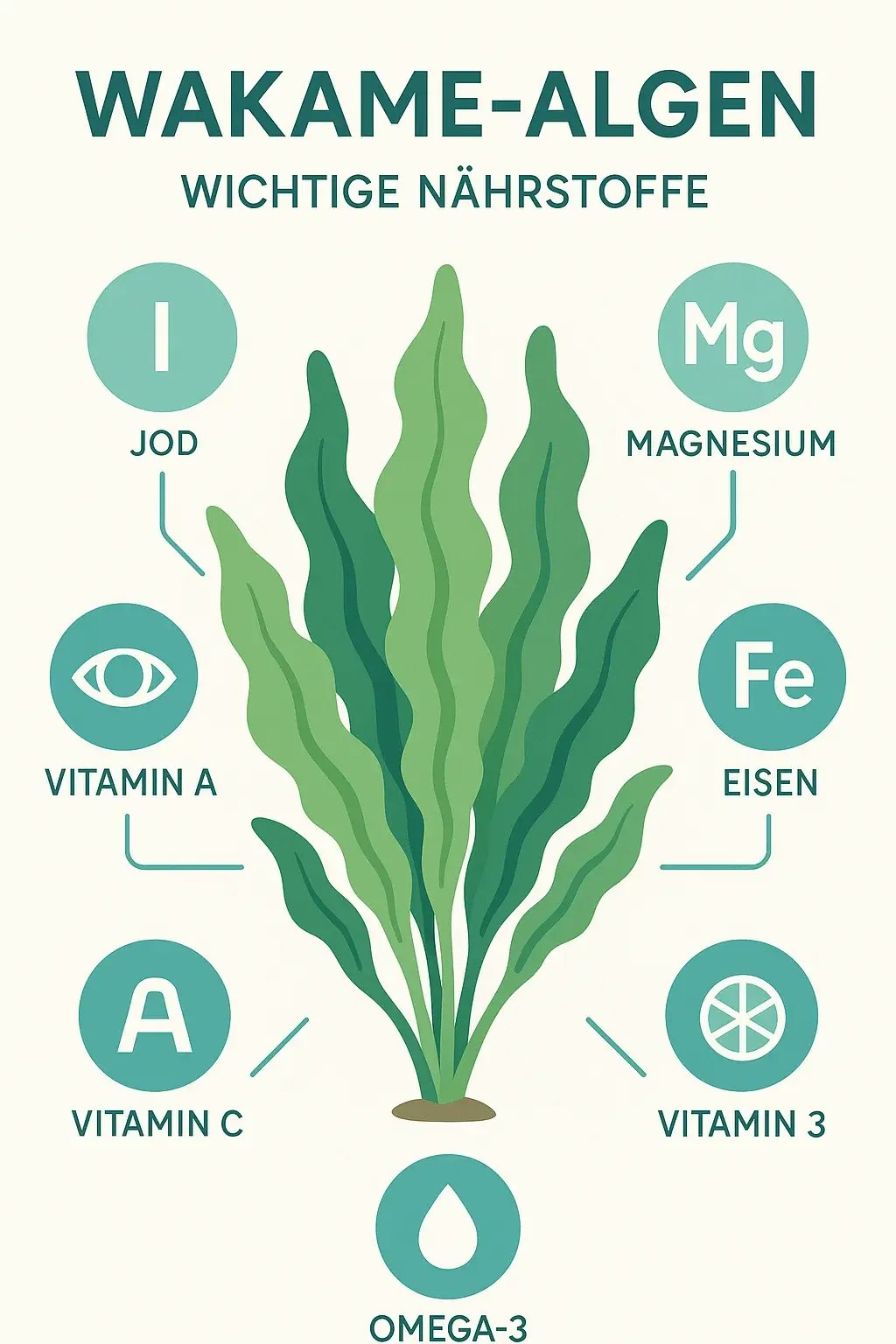 Eine Infografik über die Wakame Alge mit Nährstoffe die in der Alge enthalten sind.