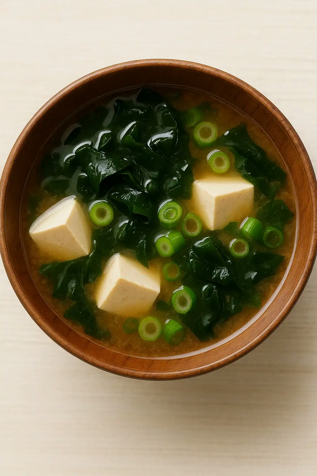 Eine Schüssel mit Miso Suppe und Wakame.