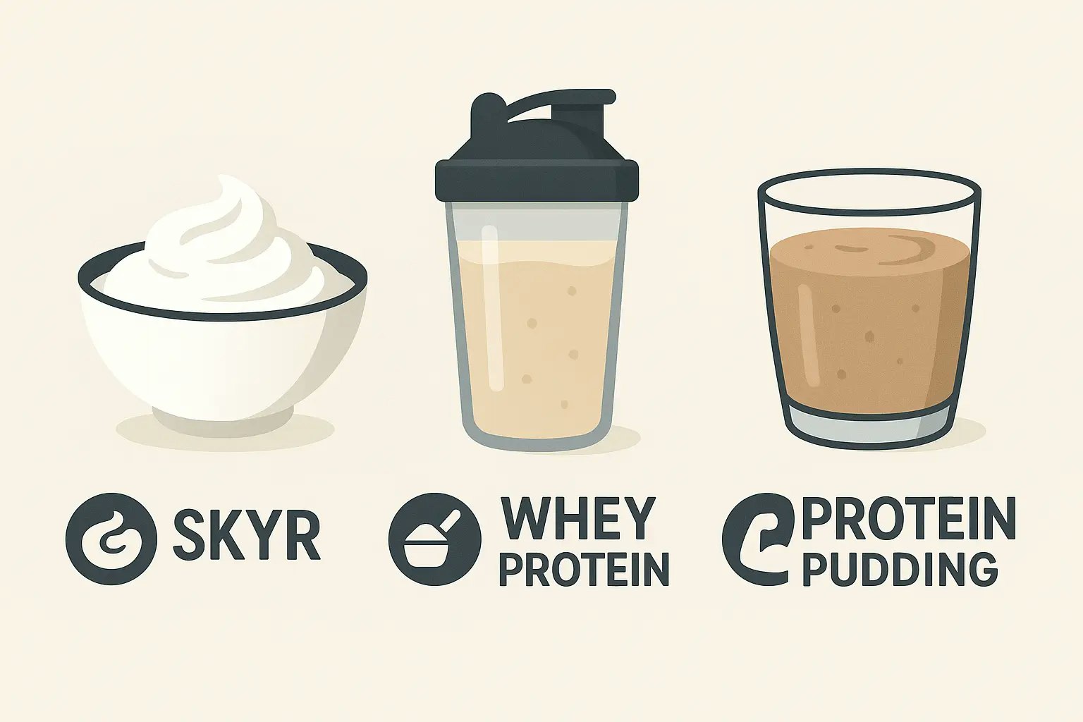 Vergleichstabelle Skyr vs. Magerquark vs. Joghurt mit Icons für Kalorien, Protein, Fett und Zucker. Klare Farben, moderne Fitness-Optik