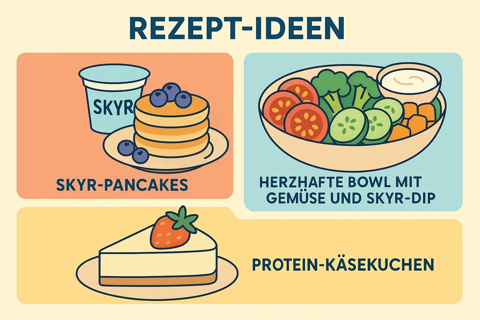 Collage mit drei Rezeptideen – Skyr-Pancakes, herzhafte Bowl mit Gemüse und Skyr-Dip sowie Protein-Käsekuchen. Klare Konturen, bunte Pastellfarben.