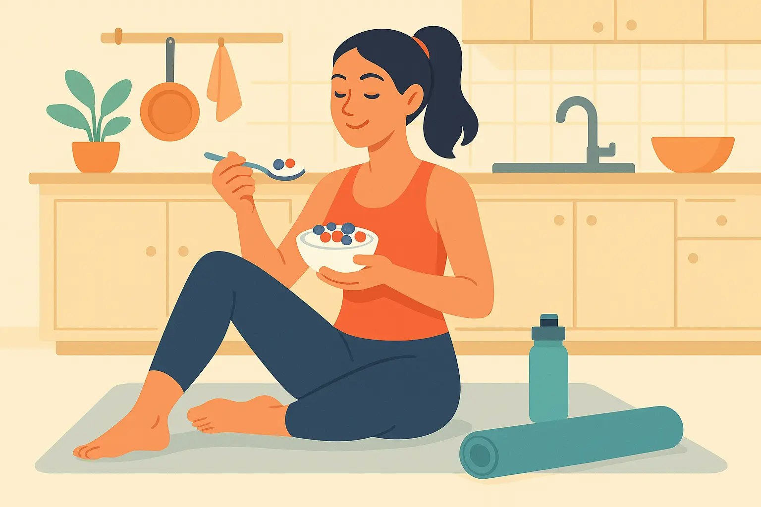 Sportliche Frau sitzt entspannt in der Küche nach dem Training und isst Skyr mit Beeren. Neben ihr Sportmatte und Wasserflasche. Helle, freundliche Farben