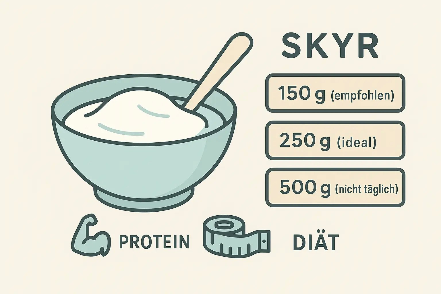 Darstellung einer Skyr-Schüssel mit Löffel. Daneben stehen drei Portionsangaben in klaren Typografie-Labels: 150 g (empfohlen), 250 g (ideal), 500 g (zu viel). Icons wie ein Muskelarm für Protein und ein Maßband für Diät unterstreichen den Fitness-Bezug. Helle Pastelltöne, clean und modern.
