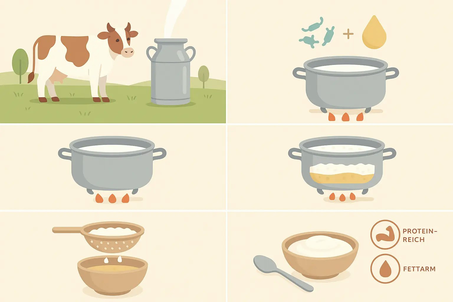 Animiertes Flat Design Erklärvideo zeigt die Herstellung von Skyr: Milch wird erhitzt, mit Milchsäurebakterien und Lab versetzt, fermentiert, gefiltert und als cremiges, fettarmes Eiweißprodukt serviert.