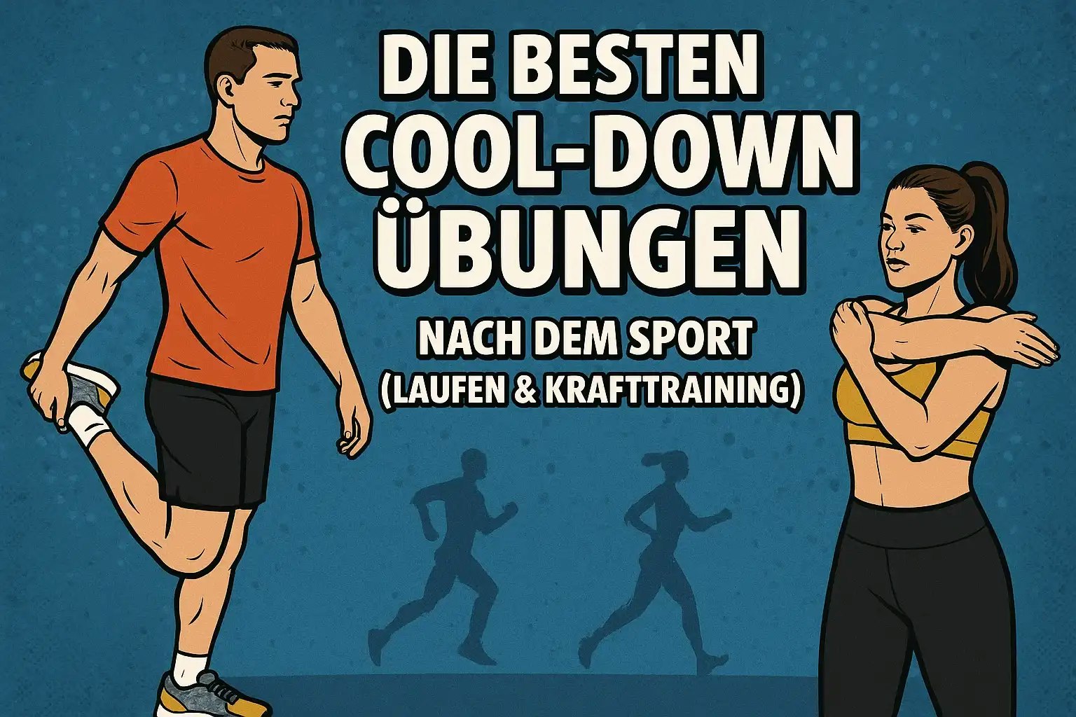 Zeichnung zweier Personen, die Cool Down Übungen machen.