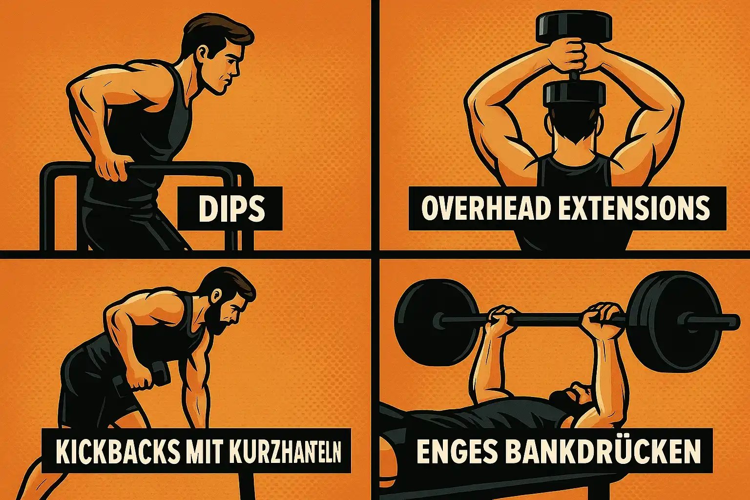 Darstellung verschiedener Trizeps Übungen.