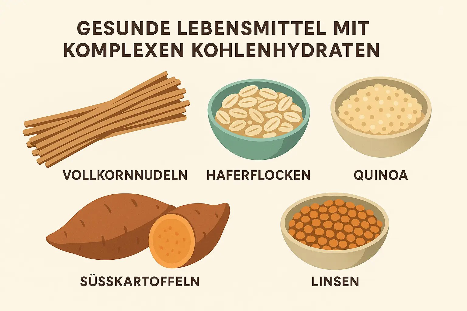 Flat Design Illustration mit gesunden Kohlenhydraten wie Vollkornbrot, Haferflocken, Quinoa, Süßkartoffeln und Linsen
