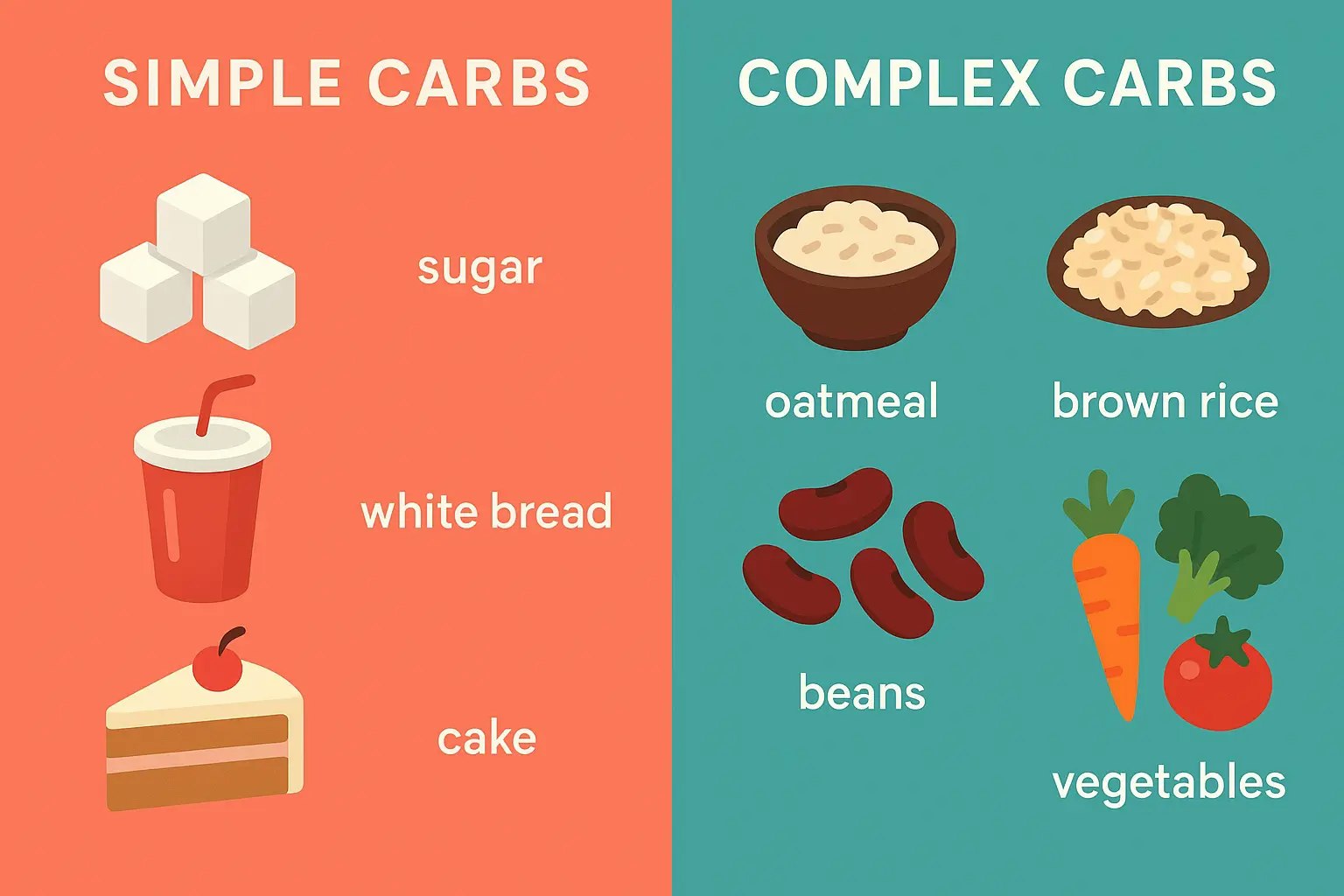 Flat Design Infografik: Einfache Kohlenhydrate wie Zucker und Weißbrot auf der linken Seite, komplexe Kohlenhydrate wie Haferflocken und Gemüse auf der rechten Seite.