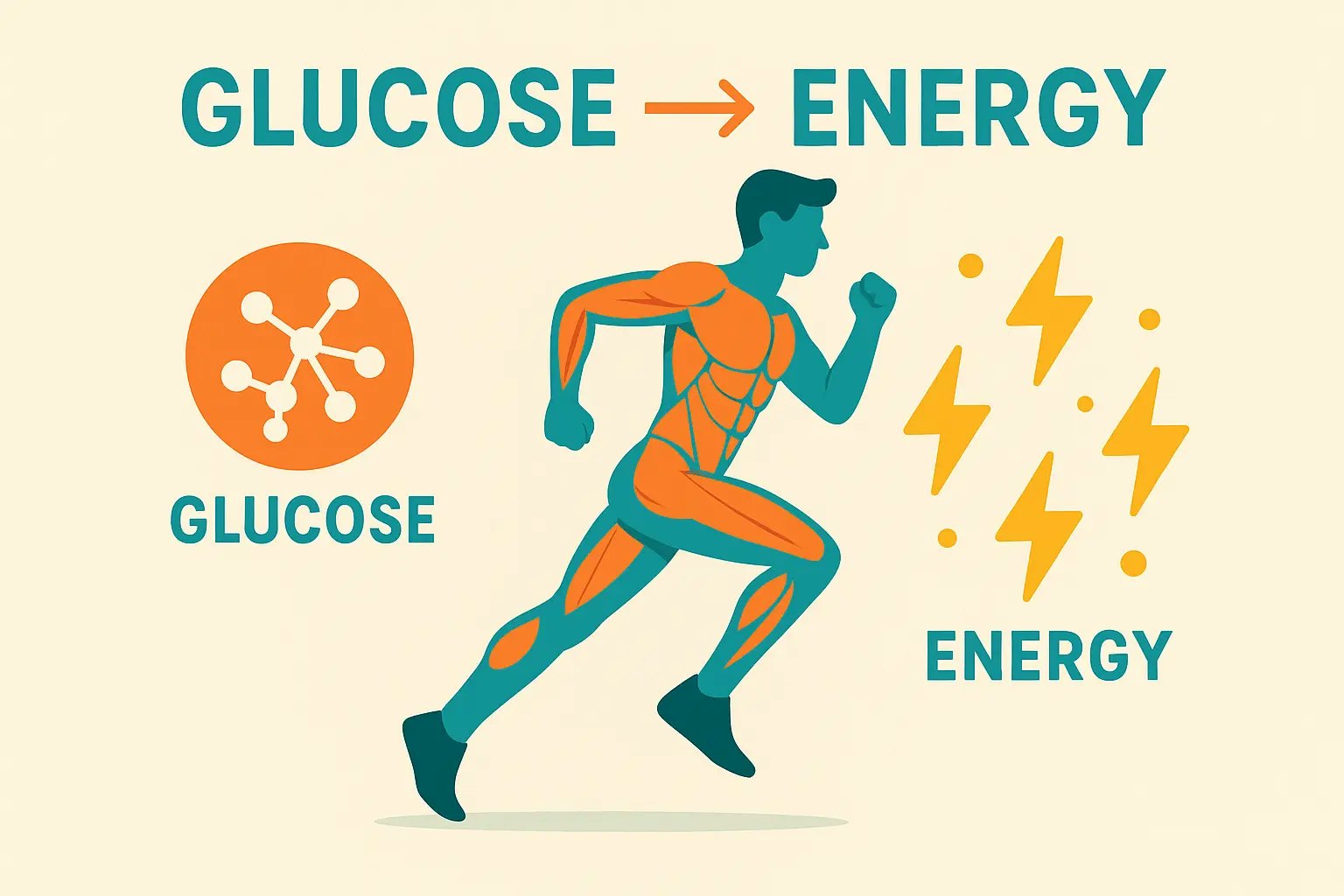 Flat Design Illustration: Mensch in Bewegung, Glukose wird in Energie umgewandelt, dargestellt durch Blitzsymbole