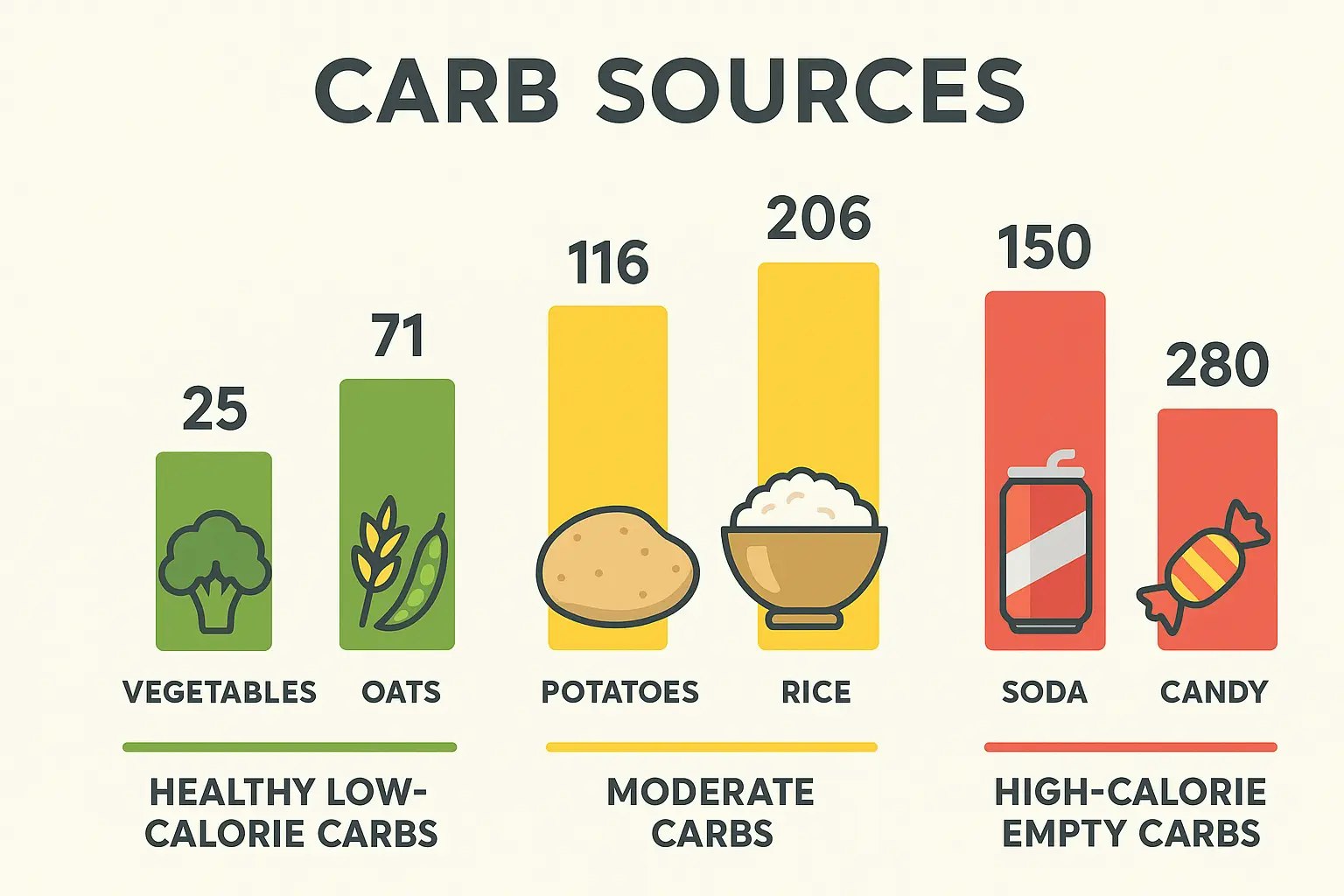 Flat Design Balkendiagramm mit Kohlenhydratquellen: grün markierte gesunde Lebensmittel, gelb für moderate Quellen, rot für kalorienreiche leere Kohlenhydrate.