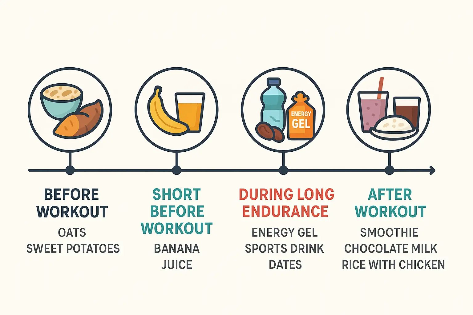 Flat Design Infografik: Zeitstrahl mit Kohlenhydraten vor dem Training, kurz davor, während langer Belastungen und nach dem Training.