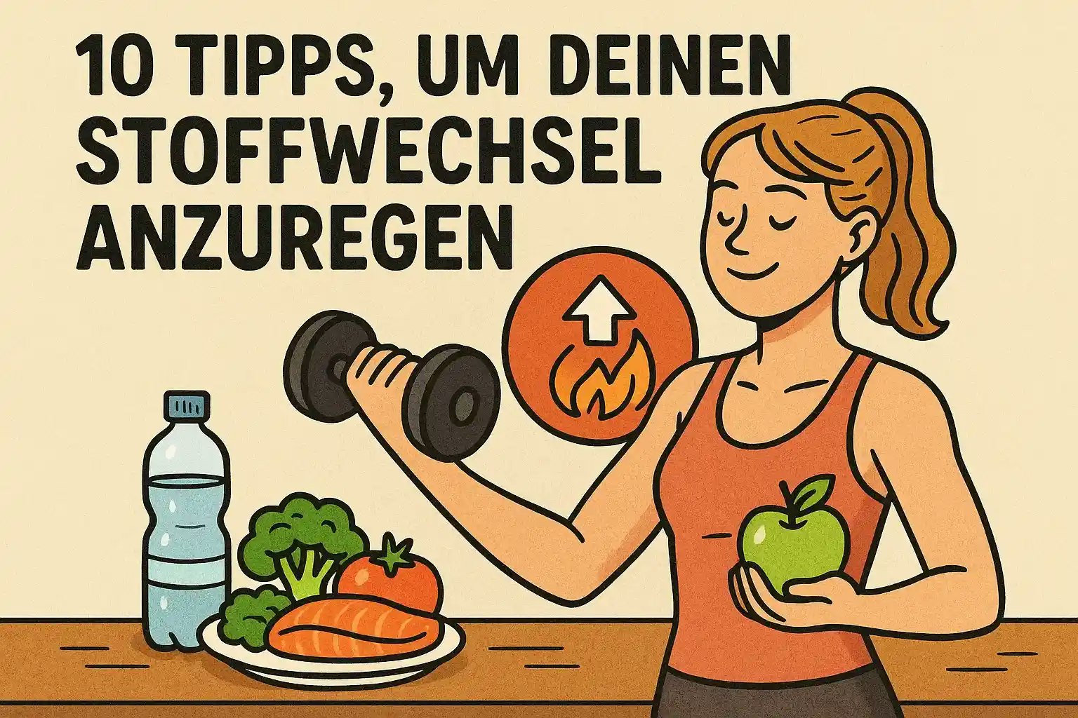 Zeichnung einer Frau und mehrerer gesunder Lebensmittel.