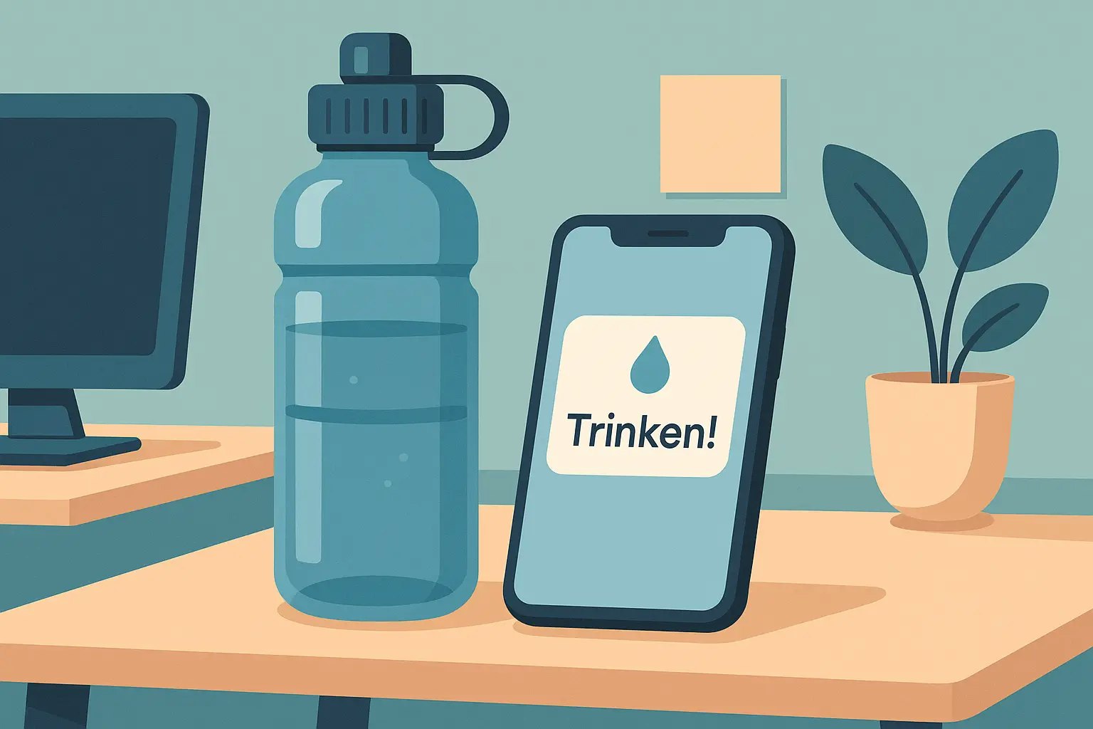 Flat Design Tipps zum mehr Wasser trinken im Alltag mit Flasche und App