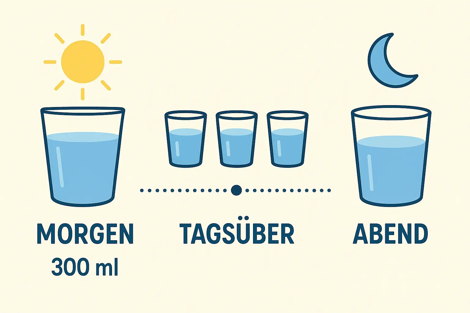 Flat Design Infografik Trinkroutine mit 300 ml Wasser morgens und 2–3 Litern verteilt