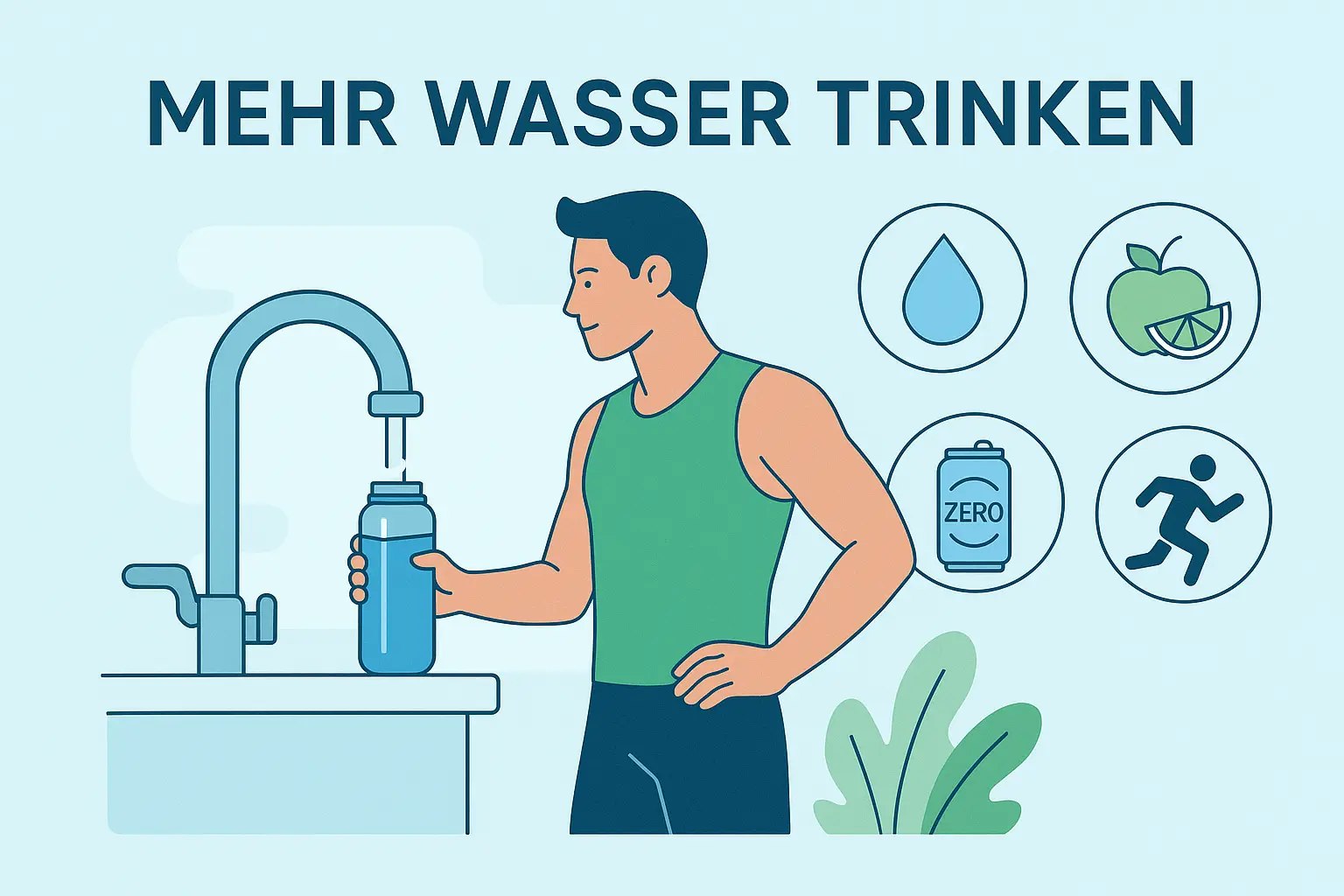 Titelbild Flat Design Fitness-Blogartikel zum Thema mehr Wasser trinken