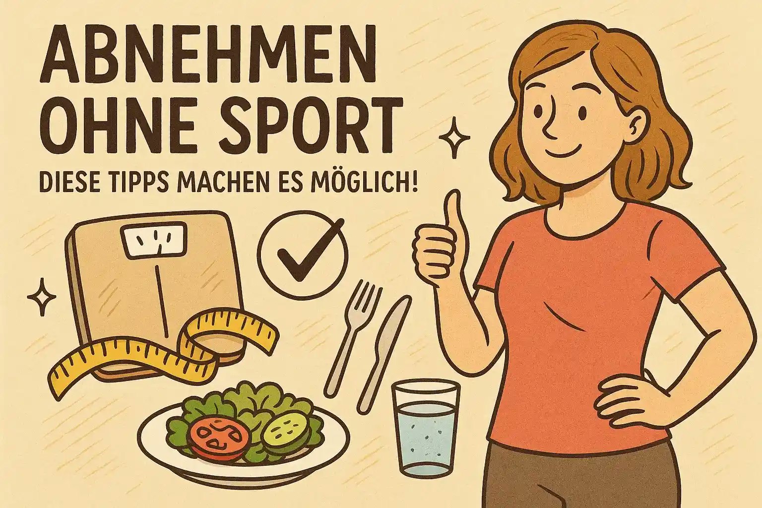 Zeichnung einer Frau und Gegenstände die beim Abnehmen helfen.