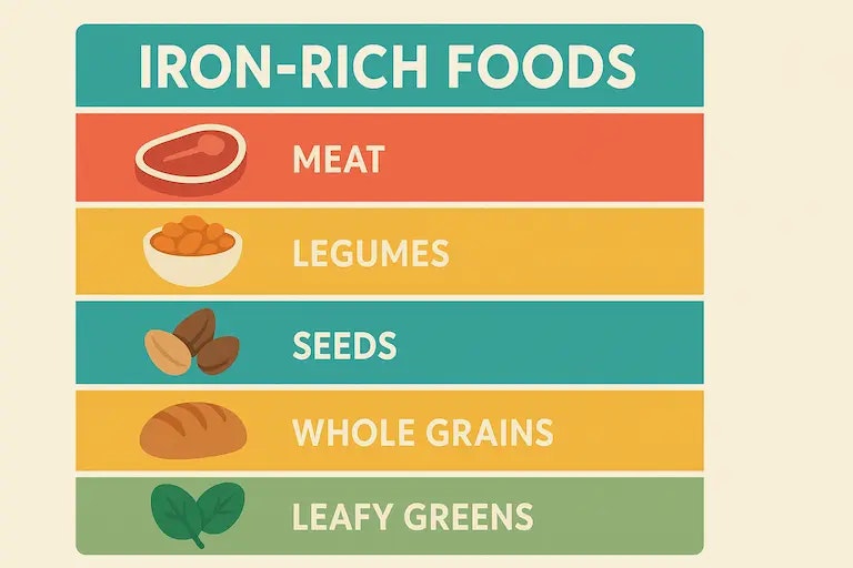 Eisenhaltige Lebensmittel Tabelle als Flat Design Infografik mit Icons für Fleisch, Hülsenfrüchte, Samen, Getreide und Gemüse