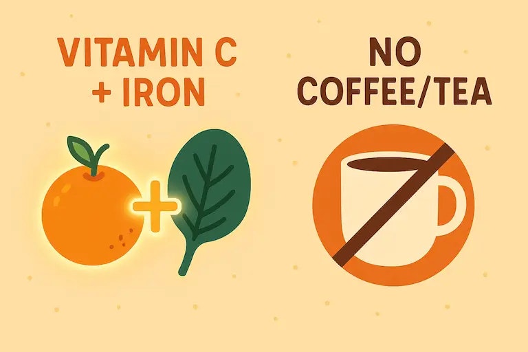 Flat Design Infografik mit Tipps zur Eisenaufnahme: Vitamin C Kombination, kein Kaffee oder schwarzer Tee