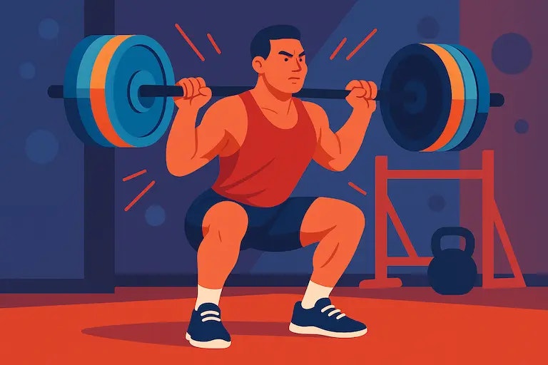 Flat Design Vektorillustration von einem Sportler im Gym beim Gewichtheben, energiegeladen, moderne Farben, Fokus auf Stärke und Konzentration.