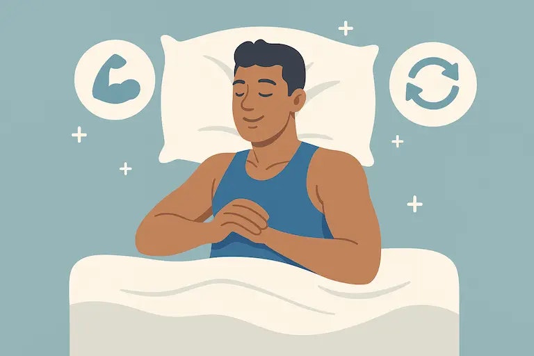 Flat Design Vektorillustration von einem Sportler, der entspannt im Bett schläft, ruhige Farben, Symbole für Regeneration und Erholung