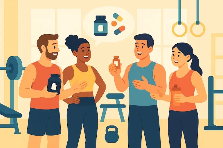 Flat Design Illustration von einer Fitness-Community, die ihre Ashwagandha Erfahrungen teilt