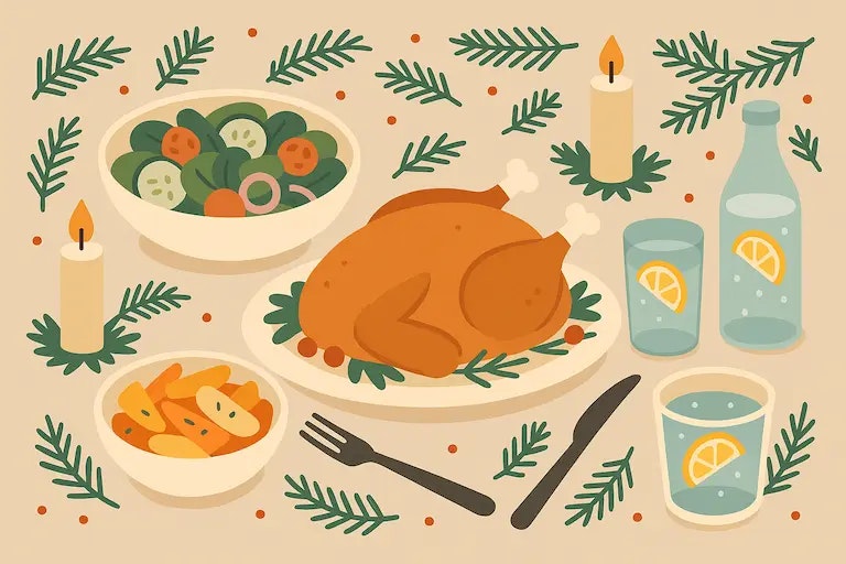 Flatdesign Illustration von gesundem Weihnachtsessen mit magerem Fleisch und Gemüse