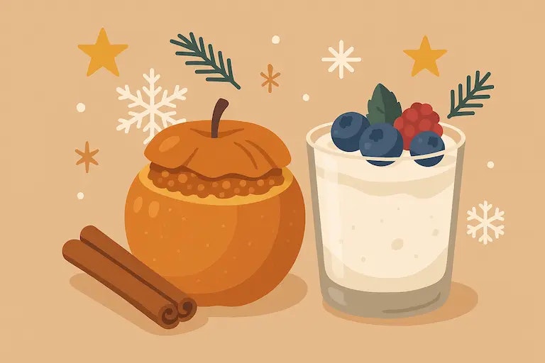 Flatdesign Illustration von kalorienarmen Weihnachtsdesserts wie gebackenem Apfel und Joghurtcreme
