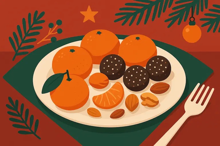 Flatdesign Illustration von gesunden Snacks wie Mandarinen, Nüssen und Energy Balls an Weihnachten