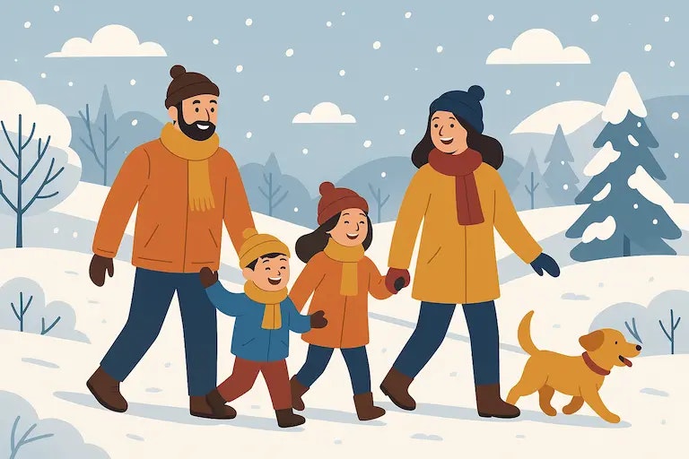 Flatdesign Illustration einer Familie beim Winterspaziergang als Fitness-Tipp für Weihnachten