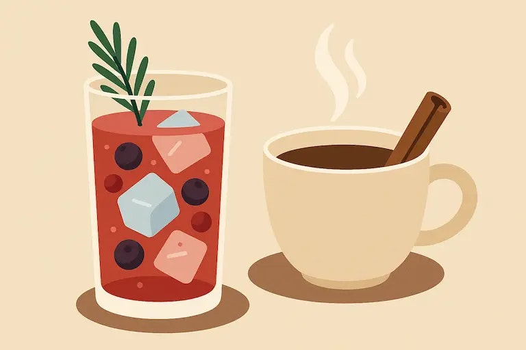 Flatdesign Illustration von kalorienarmen Weihnachtsgetränken wie Mocktail und Tee