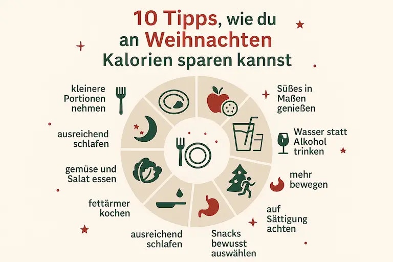 Flatdesign Infografik mit 10 Tipps, wie man an Weihnachten Kalorien spart