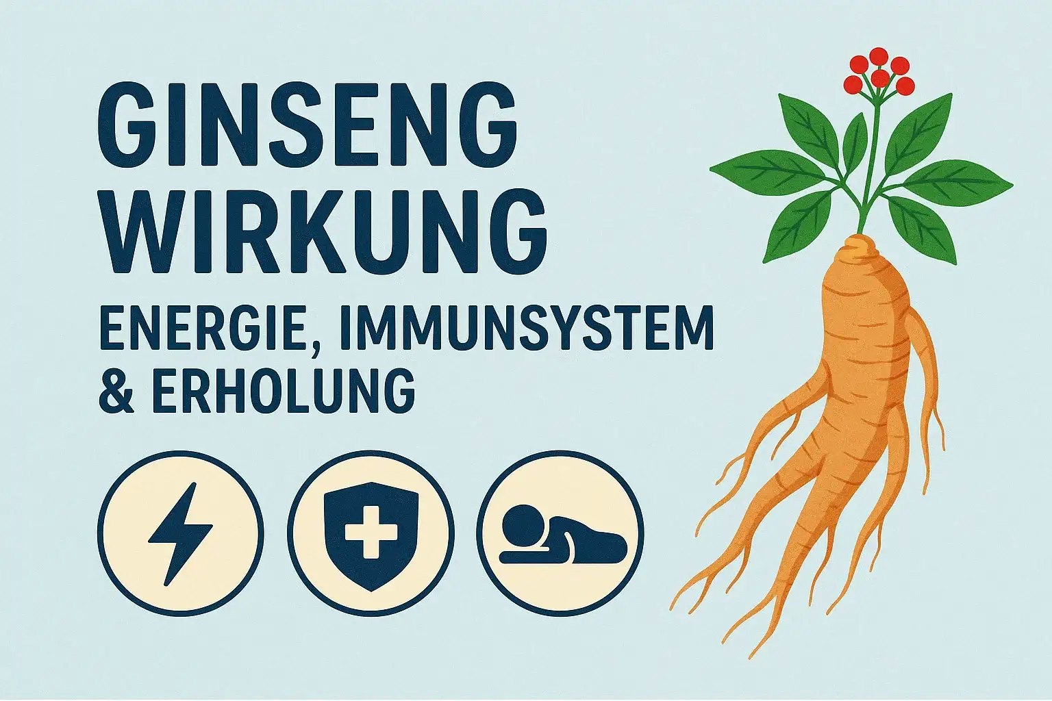 Zeichnung einer Wurzel und Darstellung der Vorteile von Ginseng.