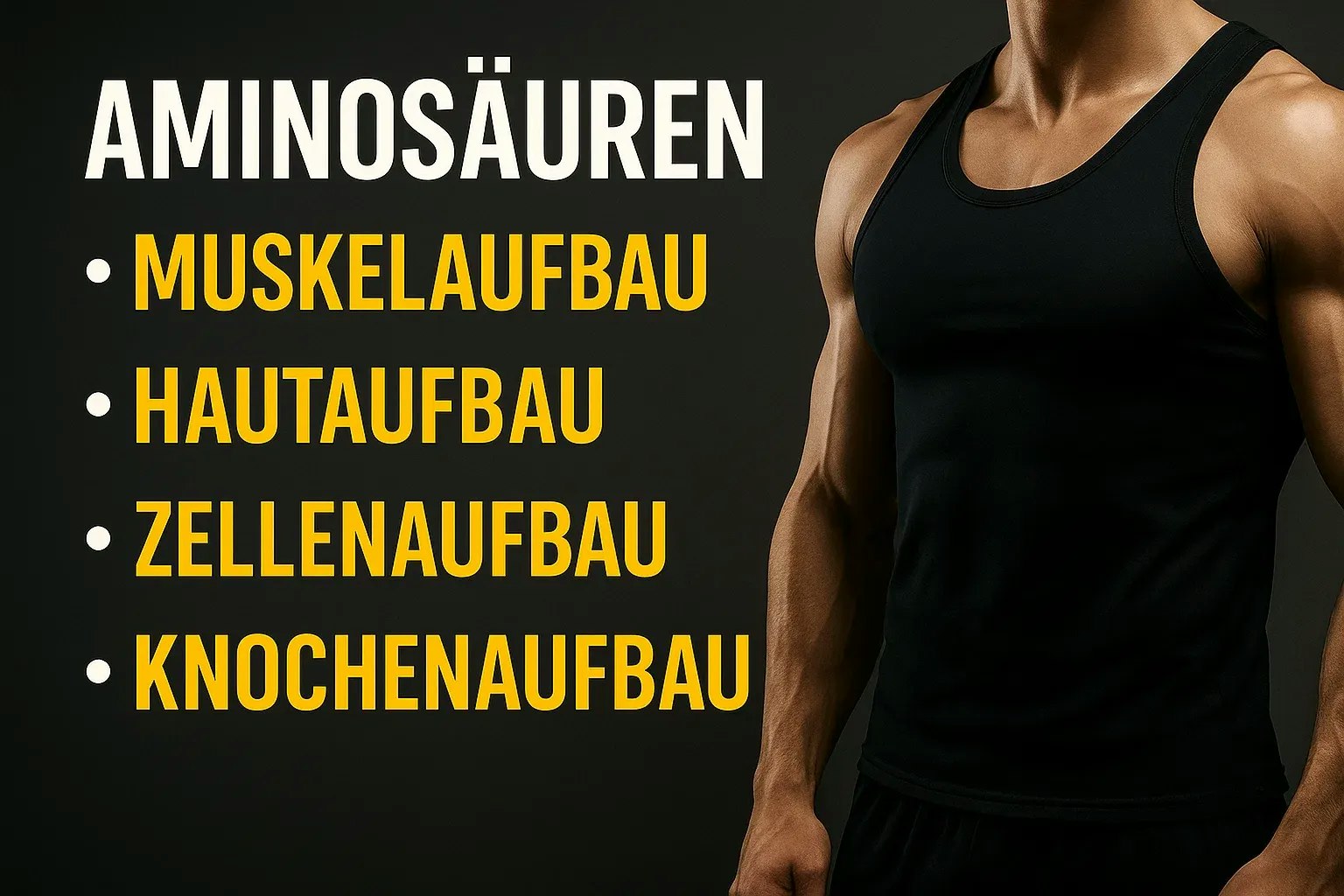 Bild von einem muskulösen Mann und Darstellung der Bedeutung von Aminosäuren.