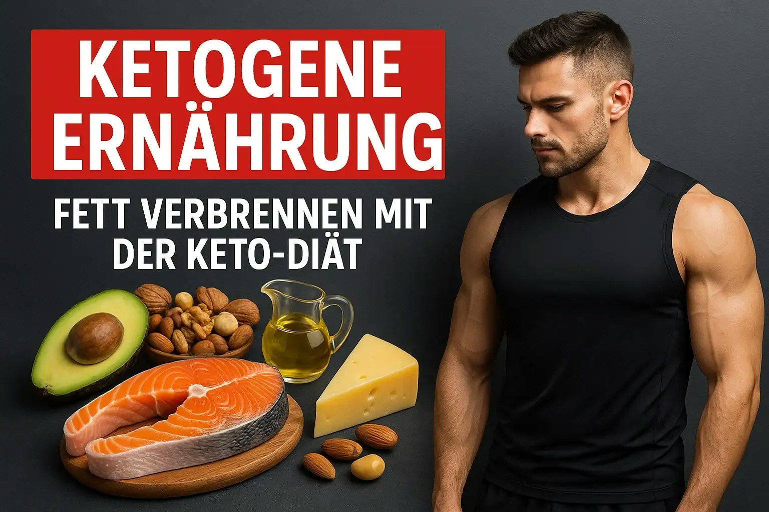 Bild von einem muskulösen Mann neben ketogenen Lebensmitteln.