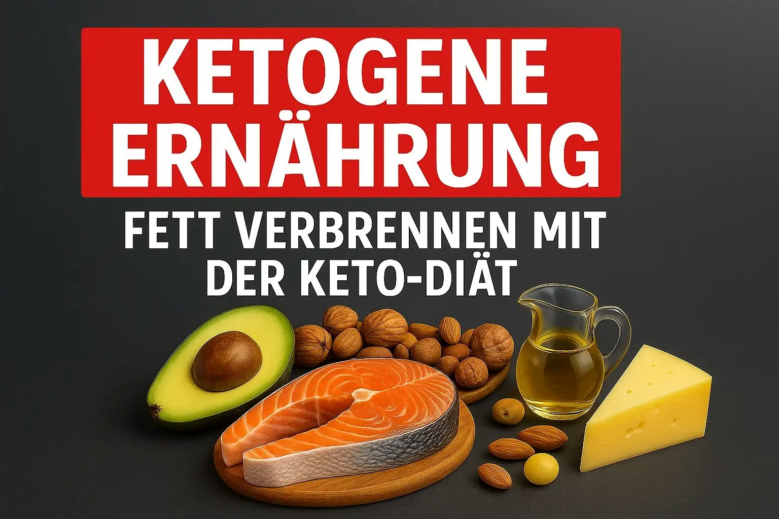 Mehrere ketogene Lebensmittel auf dunklem Grund.