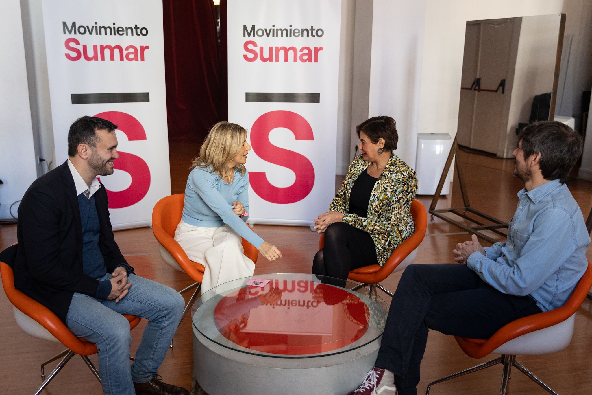 European Greens co-chair Vula Tsetsi sits with Spain's Vice-President Yolanda Díaz during the Sumar Assembly
