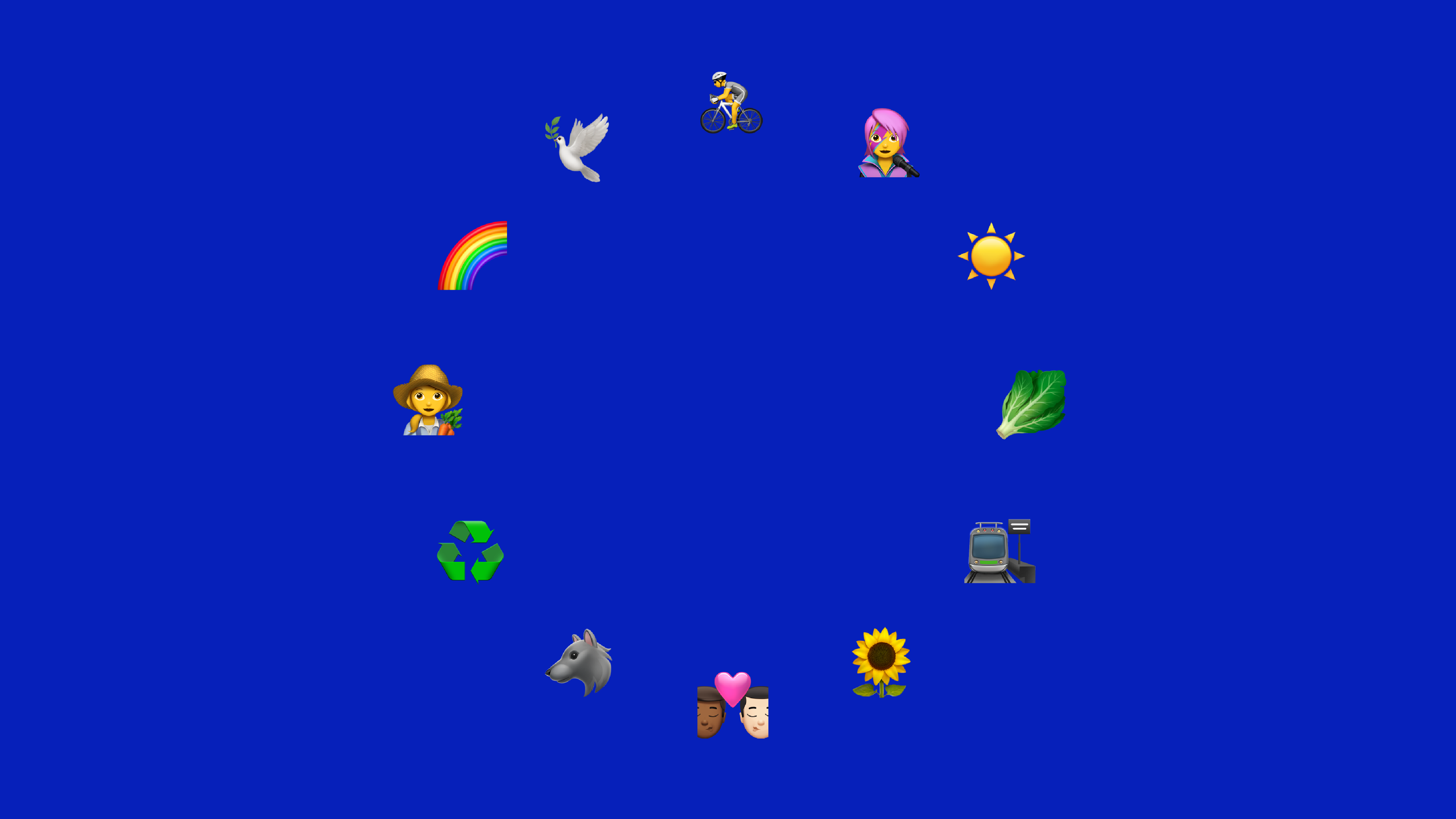 Twelve icons to represent our vision for Europe: a cyclist, a dove, a rainbow, a farmer, a recycling symbol, a wolf, a same-sex couple, a sunflower, a train, a vegetable, the sun, a singer