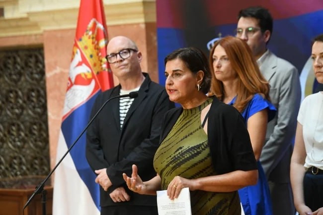 European Green Party and Green-Left Front press conference in the National Assembly, Belgrade, Serbia 5 September 2025. Image free to use by media.
