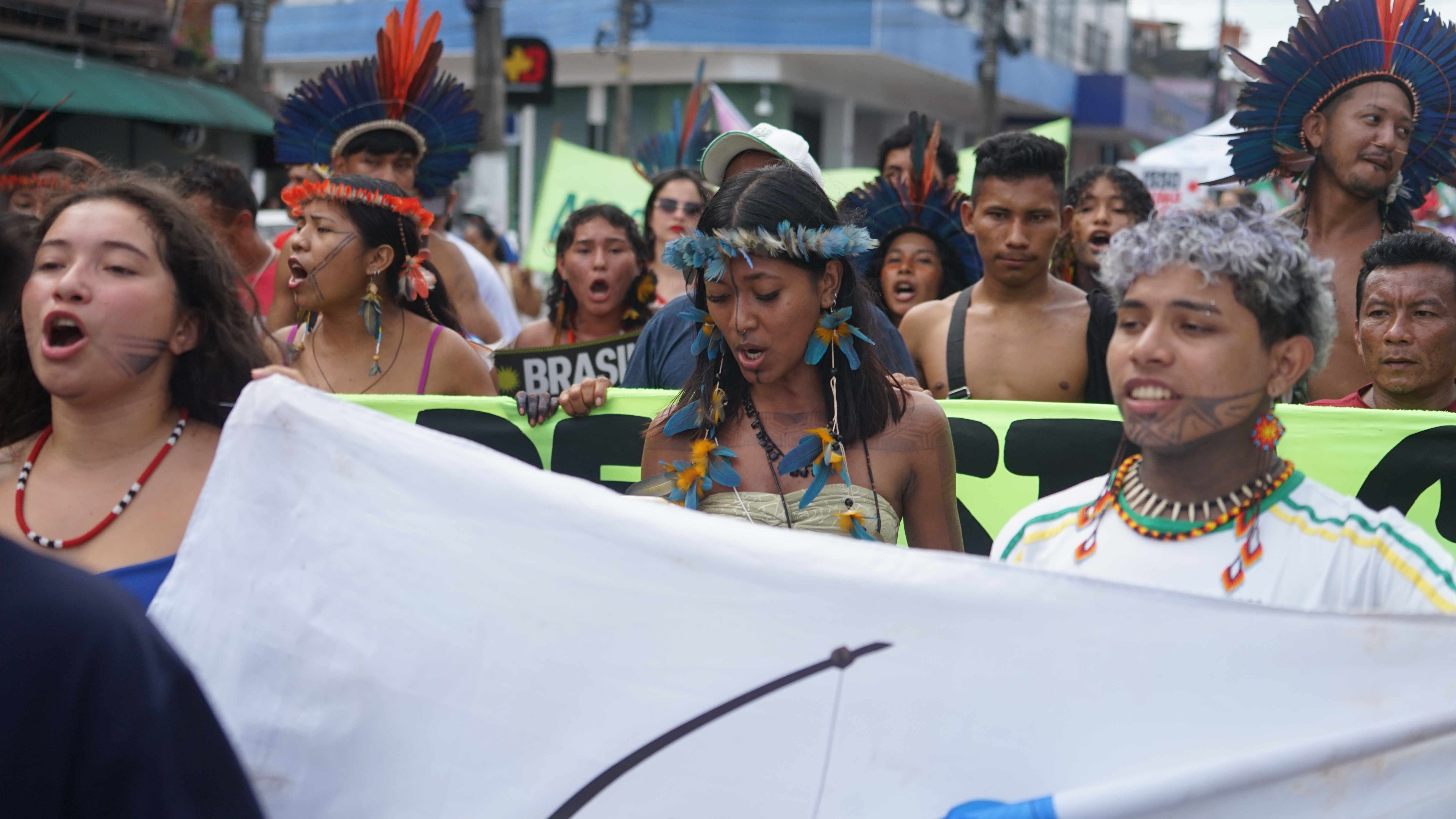 Indigenous people protesting in Belem