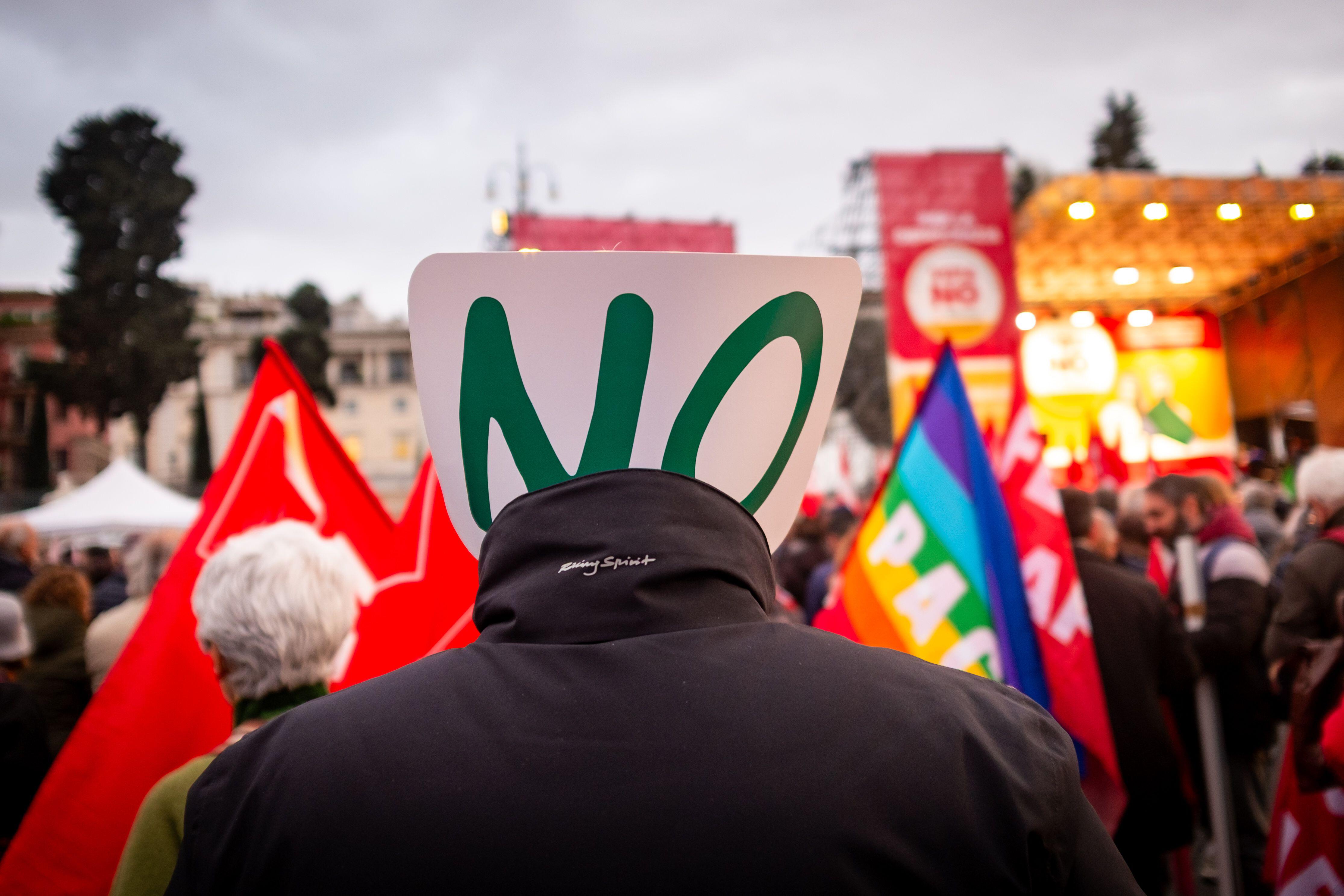 People with a "NO" sign on their back, in a crowd of people holding flags and signs