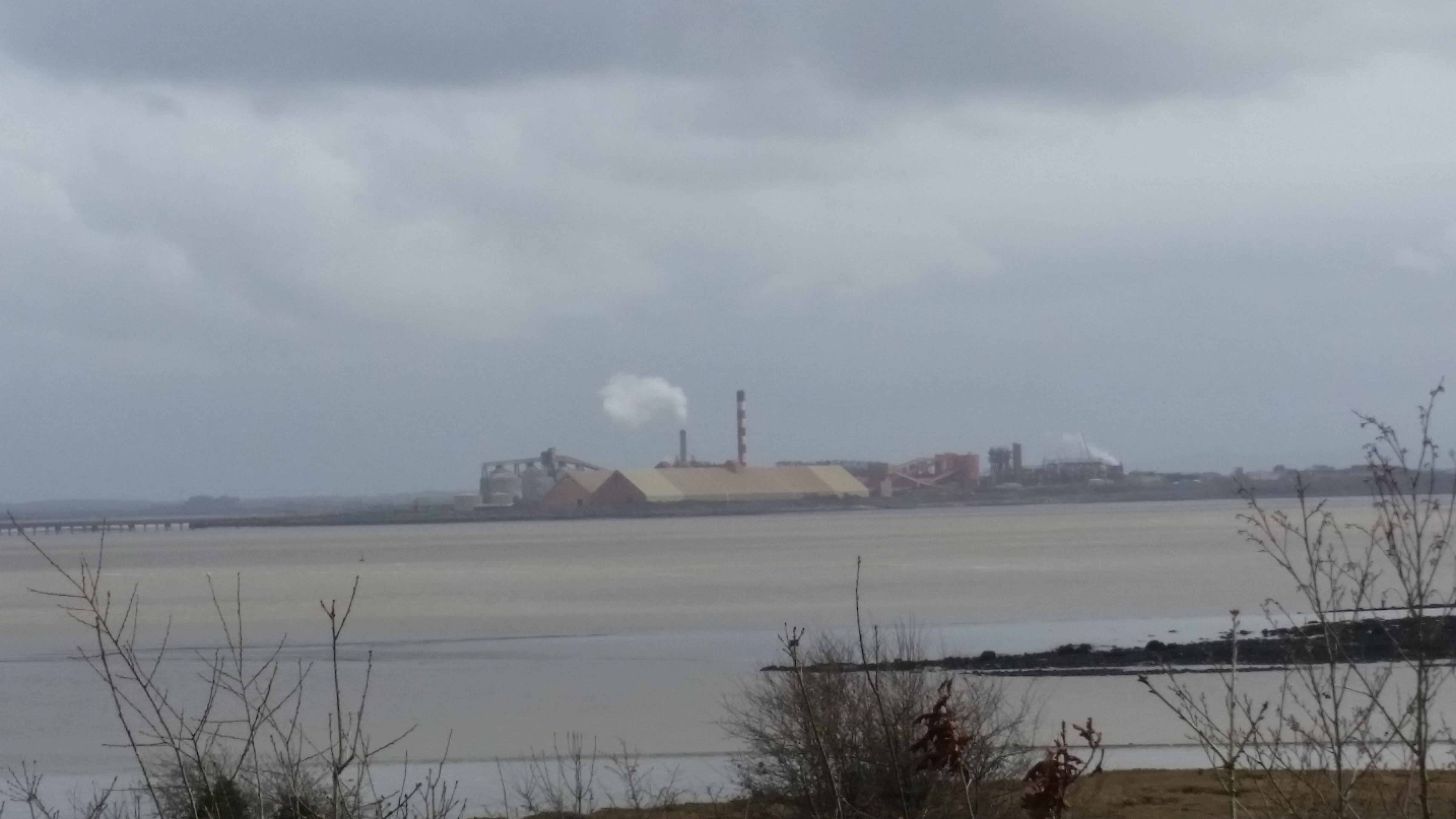 View of an alumina plant from the estuary on a grey sky